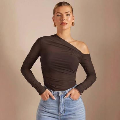 Single Shoulder Long Sleeve Gauze Top