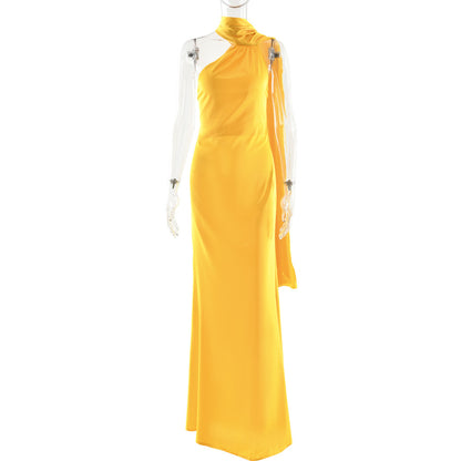 Single Shoulder Satin Slim Long Dress