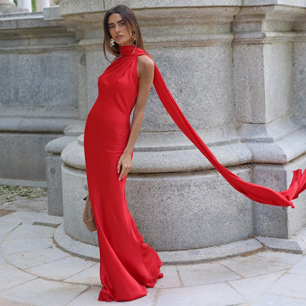 Single Shoulder Satin Slim Long Dress