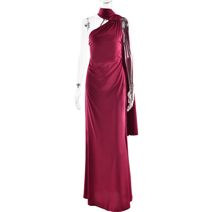 Single Shoulder Satin Slim Long Dress
