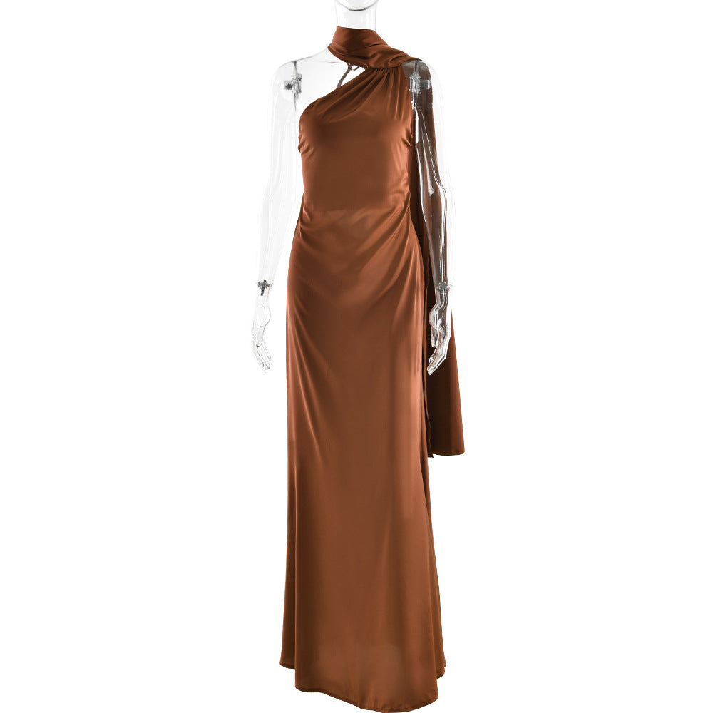 Single Shoulder Satin Slim Long Dress