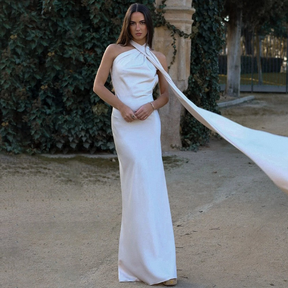 Single Shoulder Satin Slim Long Dress