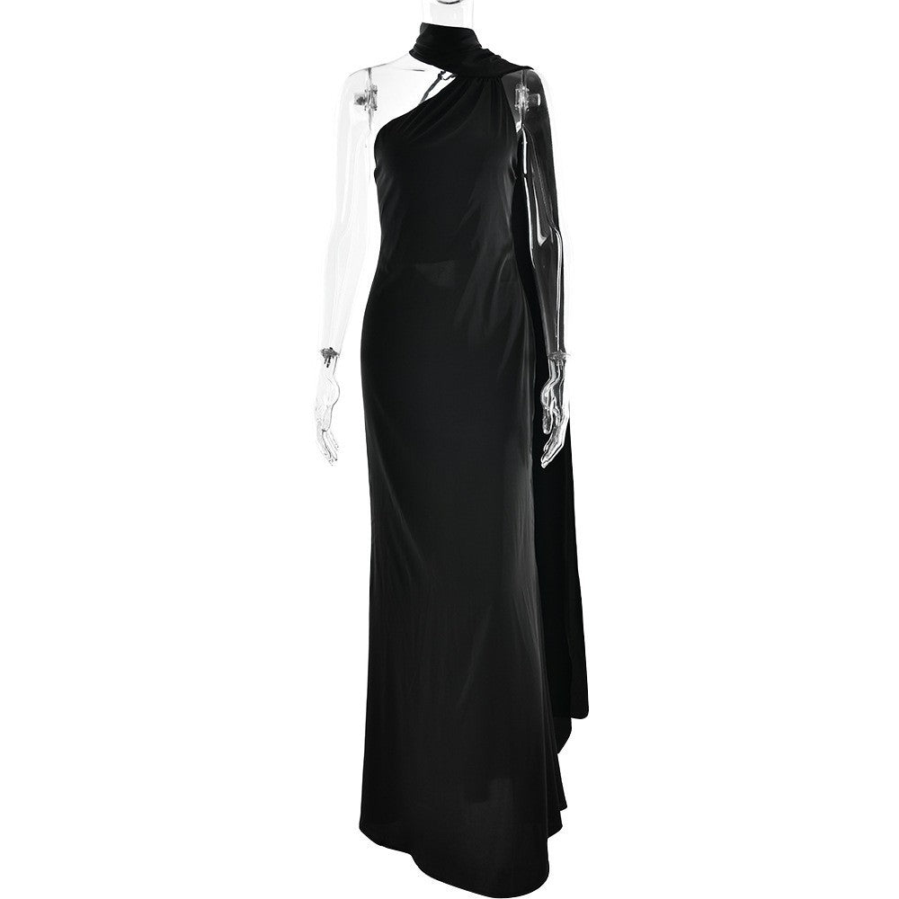 Single Shoulder Satin Slim Long Dress
