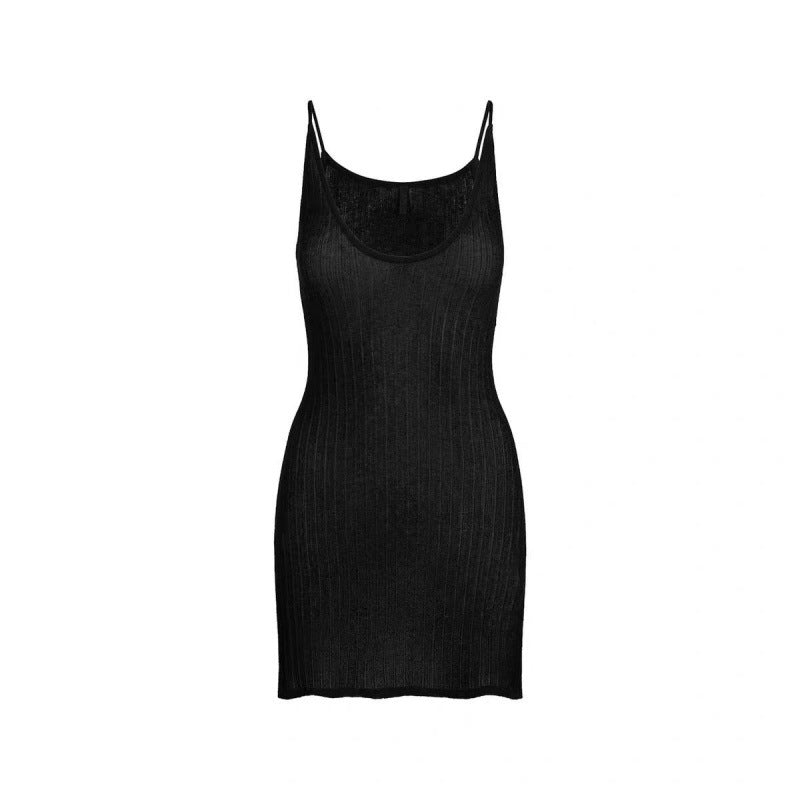 Skims Sheer Knit Low-Neck Spaghetti Strap Dress with Round Neck and See-Through Knit Mini Hot Girl Style