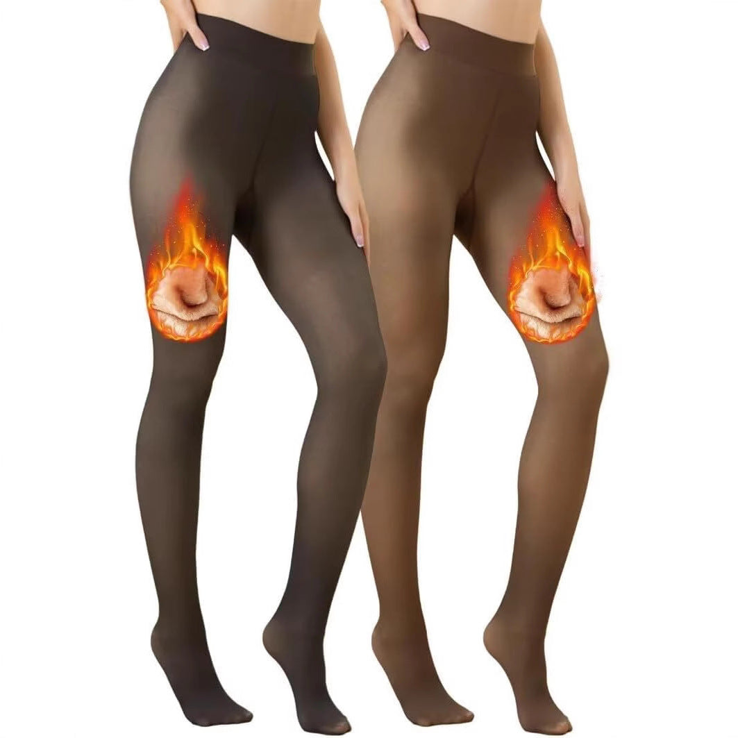 Skin-tight black leggings with bare legs