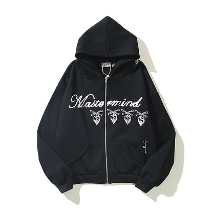 Skull Print Hooded Cardigan Fleece Lined Streetwear