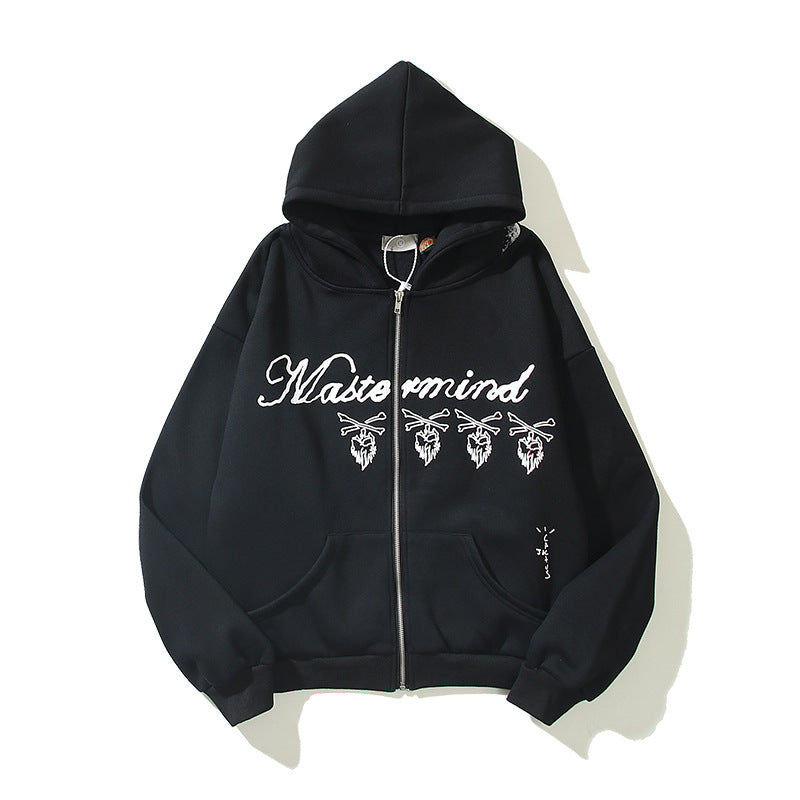 Skull Print Hooded Cardigan Fleece Lined Streetwear