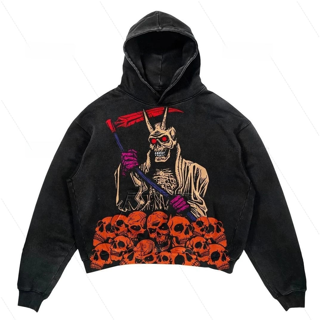 Skull Print Hoodie Vintage Streetwear Casual Sweatshirt