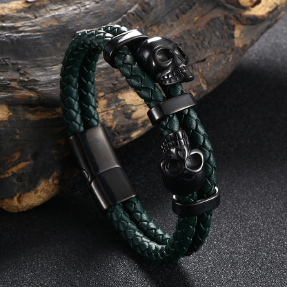 Skull Stainless Steel Leather Braided Bracelet for Men