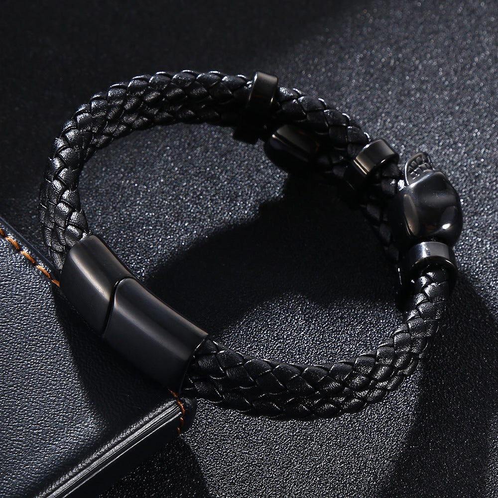 Skull Stainless Steel Leather Braided Bracelet for Men