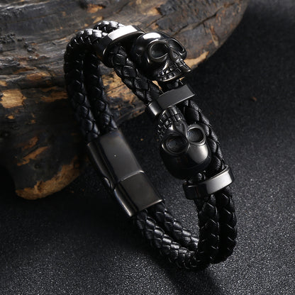Skull Stainless Steel Leather Braided Bracelet for Men