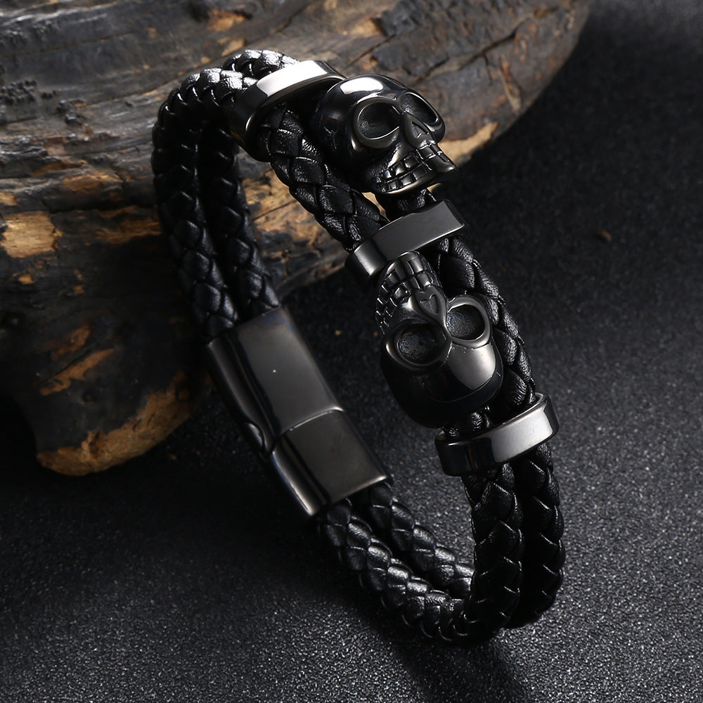 Skull Stainless Steel Leather Braided Bracelet for Men