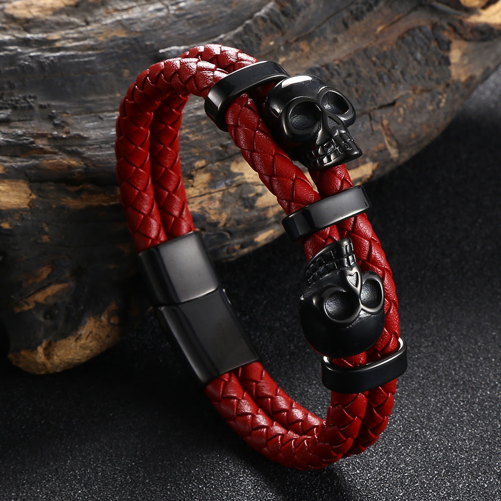 Skull Stainless Steel Leather Braided Bracelet for Men