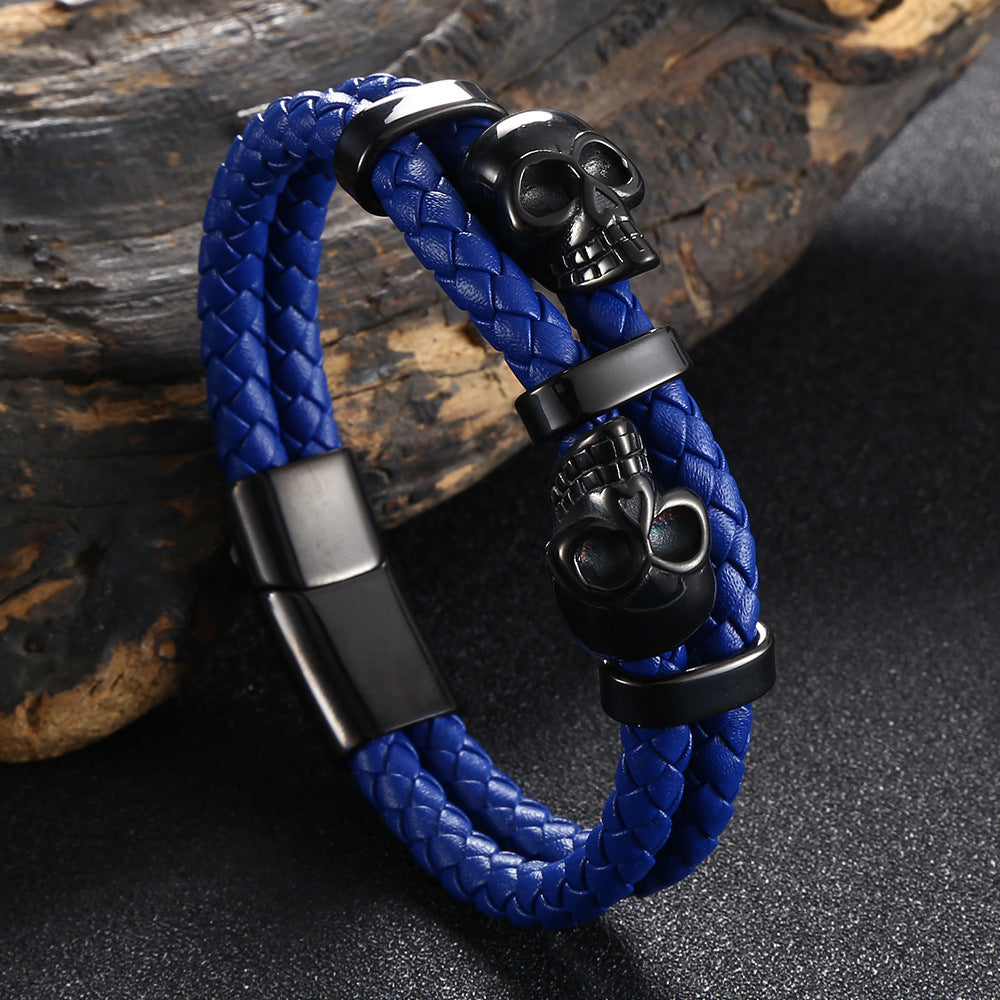 Skull Stainless Steel Leather Braided Bracelet for Men