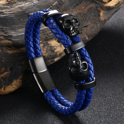 Skull Stainless Steel Leather Braided Bracelet for Men