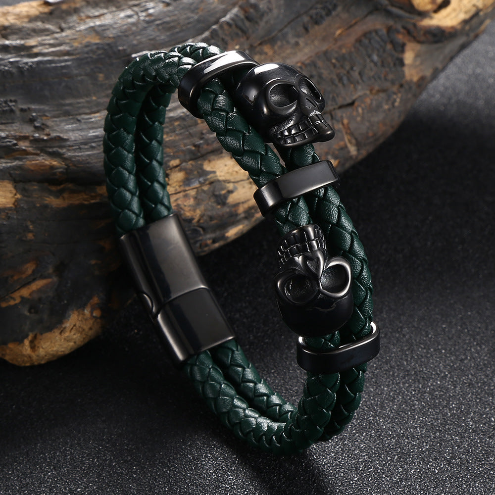 Skull Stainless Steel Leather Braided Bracelet for Men