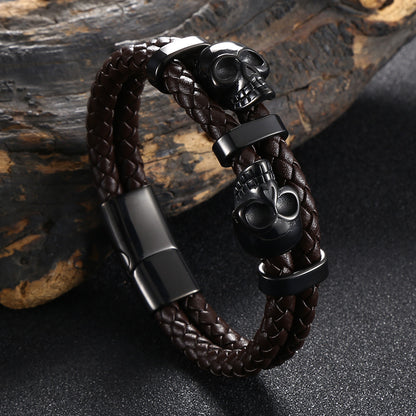 Skull Stainless Steel Leather Braided Bracelet for Men