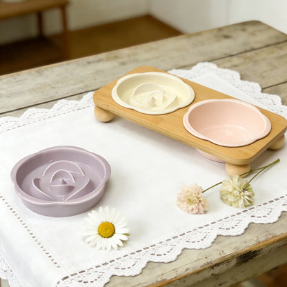 Slanted Ceramic Cat Bowl with Flower Design