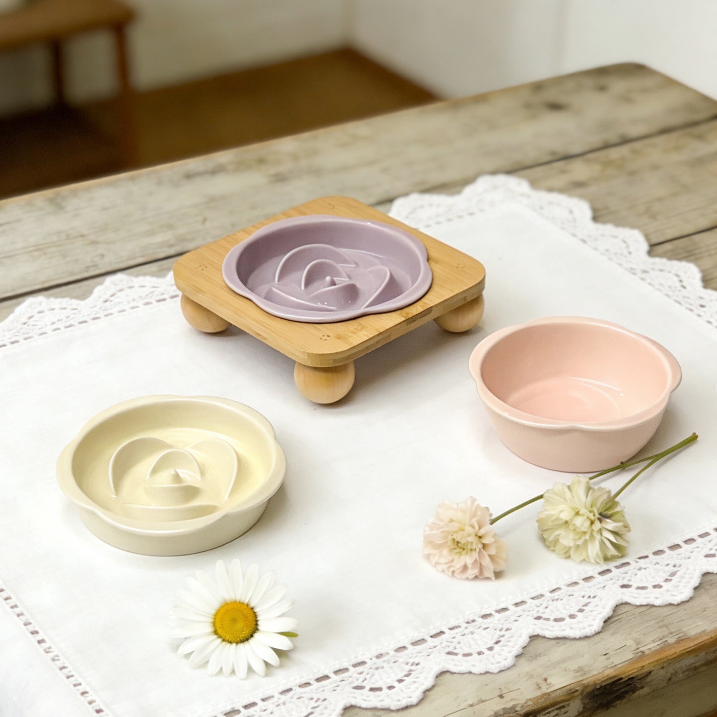 Slanted Ceramic Cat Bowl with Flower Design