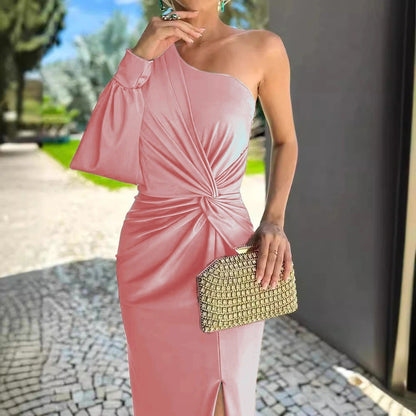 Slanted Shoulder Knot Split Slim Fit Dress