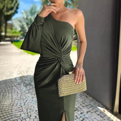 Slanted Shoulder Knot Split Slim Fit Dress