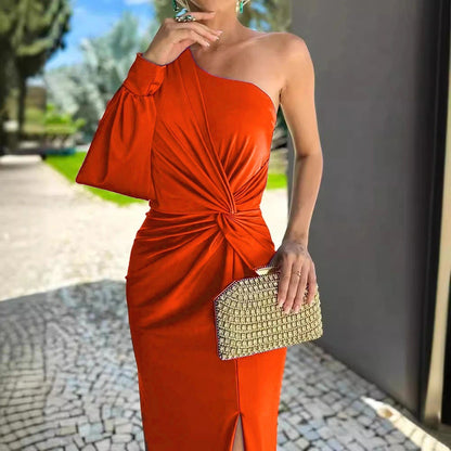 Slanted Shoulder Knot Split Slim Fit Dress