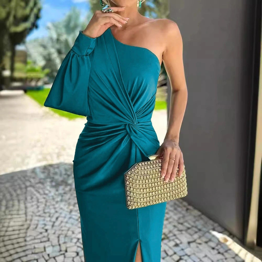 Slanted Shoulder Knot Split Slim Fit Dress