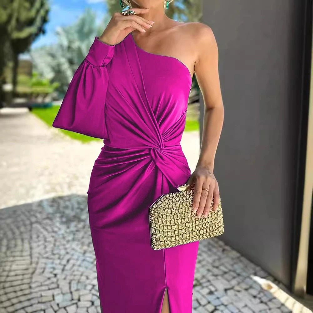 Slanted Shoulder Knot Split Slim Fit Dress