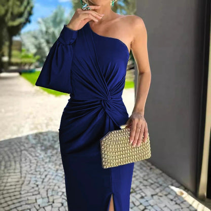 Slanted Shoulder Knot Split Slim Fit Dress