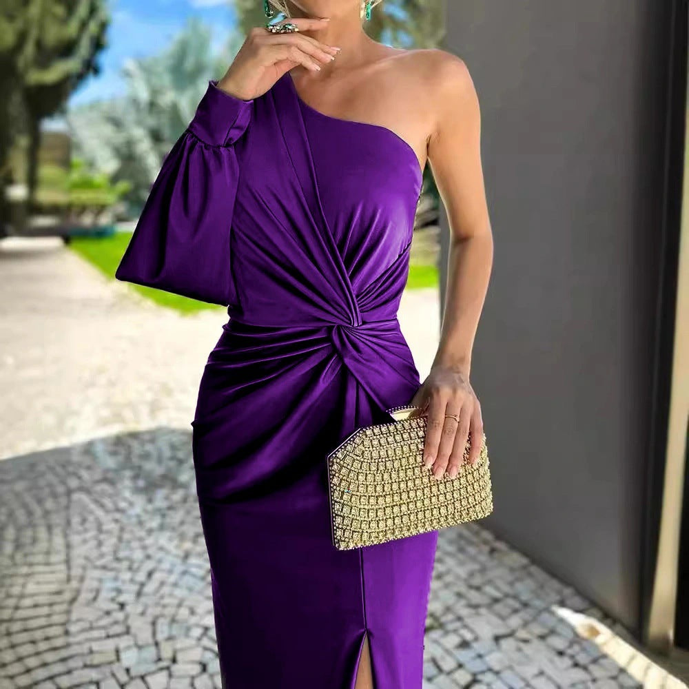Slanted Shoulder Knot Split Slim Fit Dress