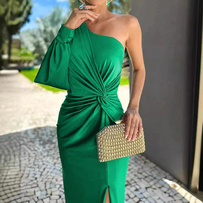 Slanted Shoulder Knot Split Slim Fit Dress