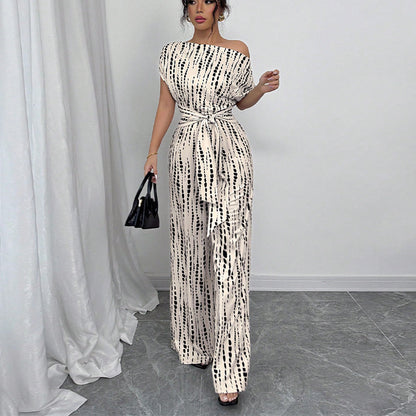 Slanted shoulder strap jumpsuit wide leg trousers