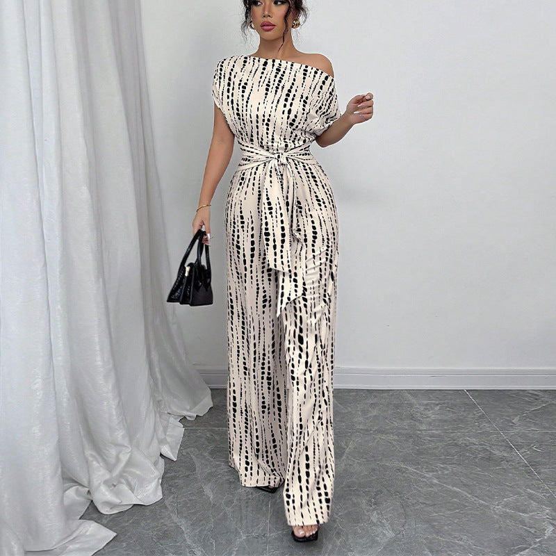 Slanted shoulder strap jumpsuit wide leg trousers