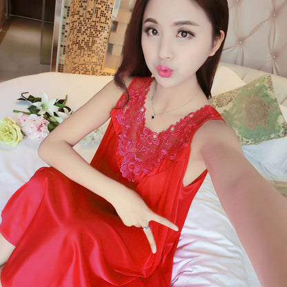 Sleeping dress, solid color sexy ice silk dress, vest dress, home wear