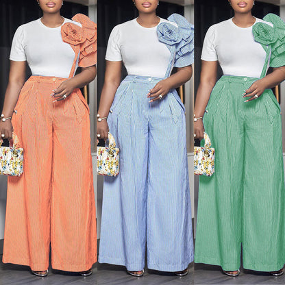 sleeve striped contrast wide leg pants two-piece set