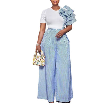 sleeve striped contrast wide leg pants two-piece set