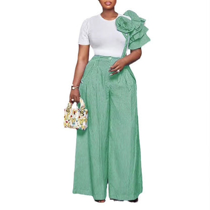 sleeve striped contrast wide leg pants two-piece set