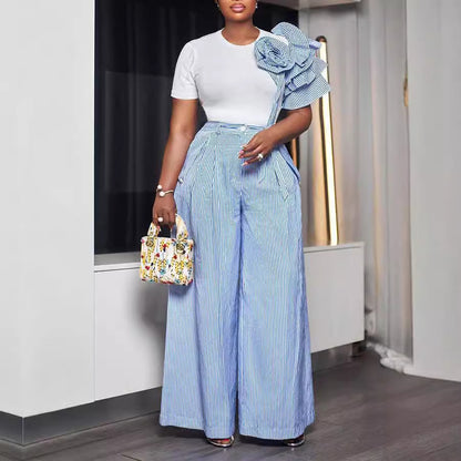 sleeve striped contrast wide leg pants two-piece set