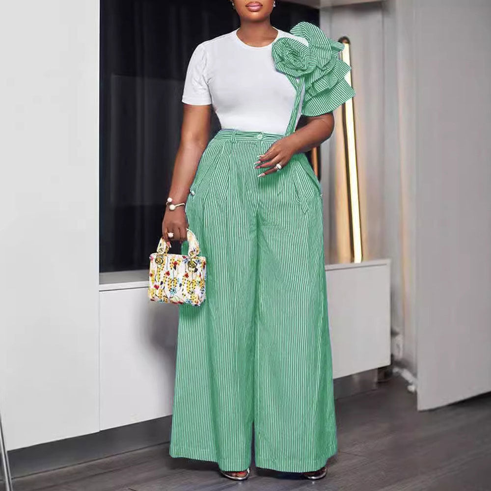 sleeve striped contrast wide leg pants two-piece set