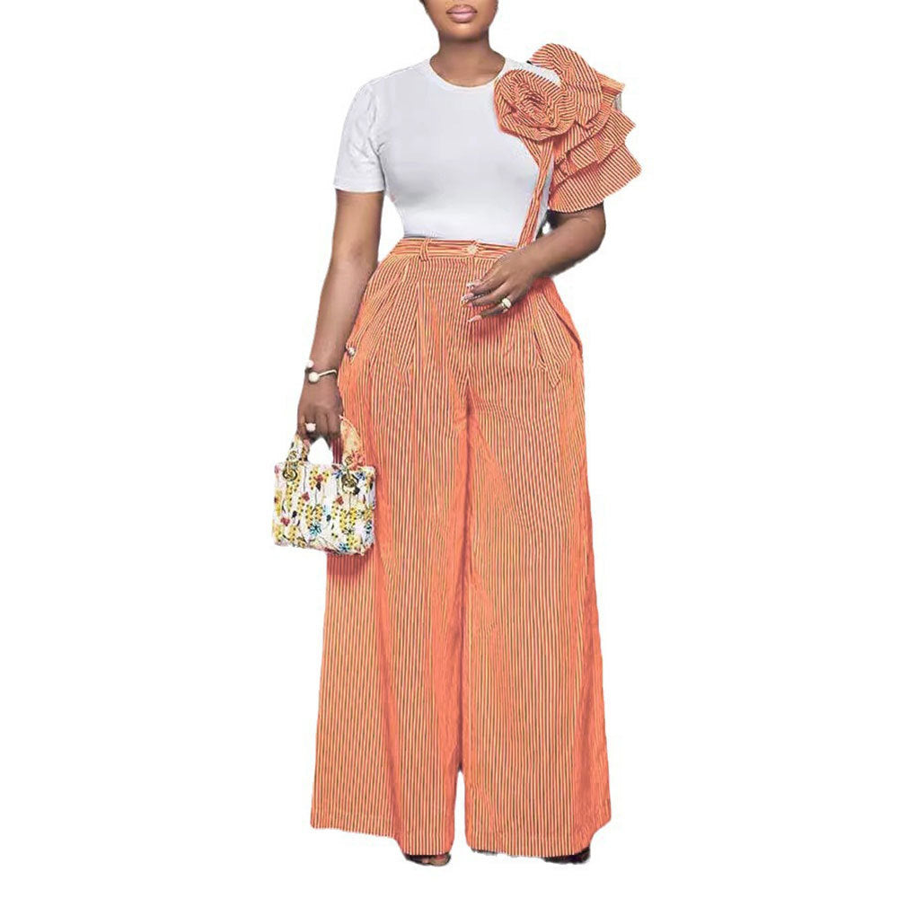 sleeve striped contrast wide leg pants two-piece set