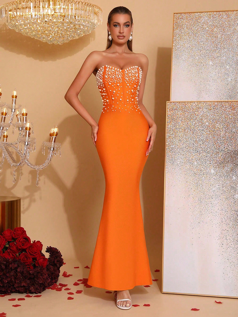 Sleeveless Beaded Bandage Evening Dress