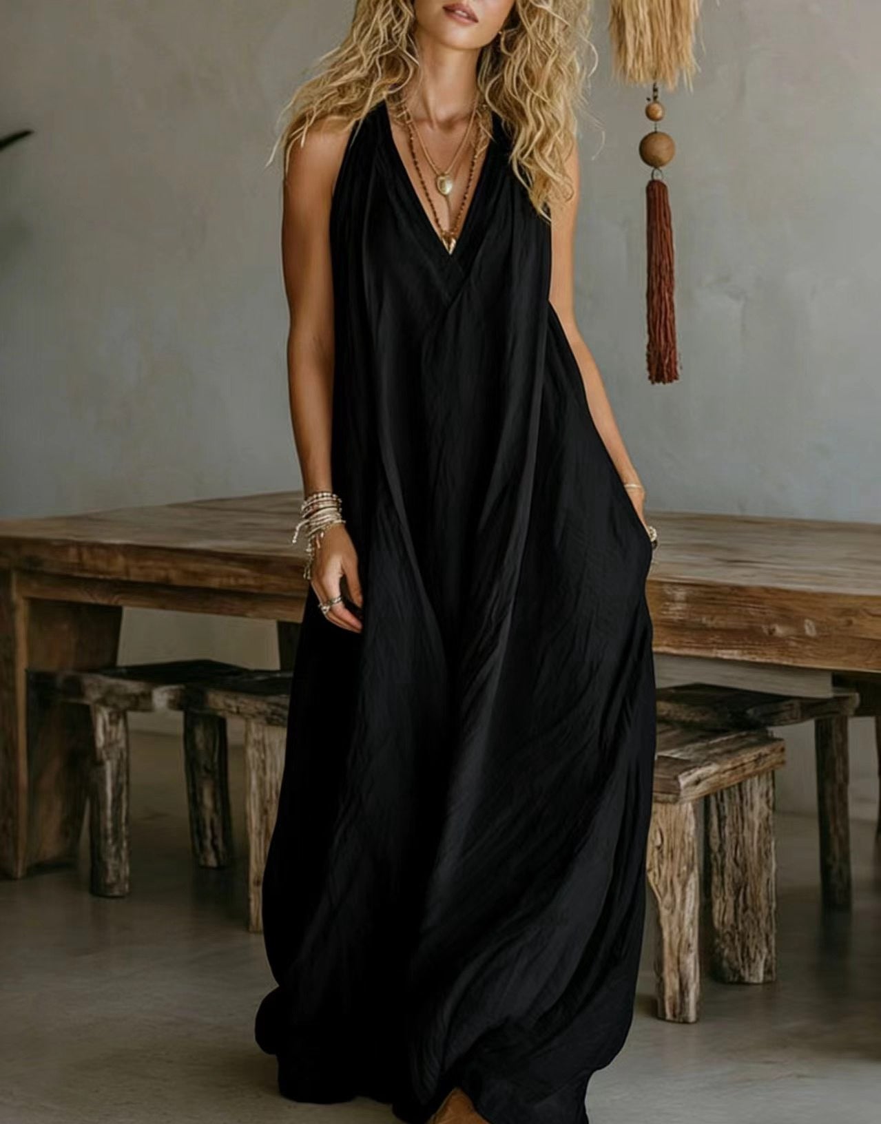 Sleeveless Casual Cotton Linen Dress with Pockets