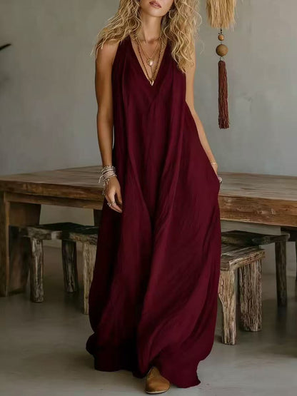 Sleeveless Casual Cotton Linen Dress with Pockets