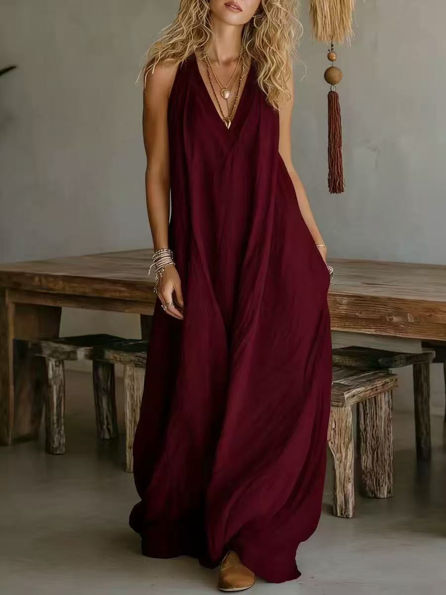 Sleeveless Casual Cotton Linen Dress with Pockets