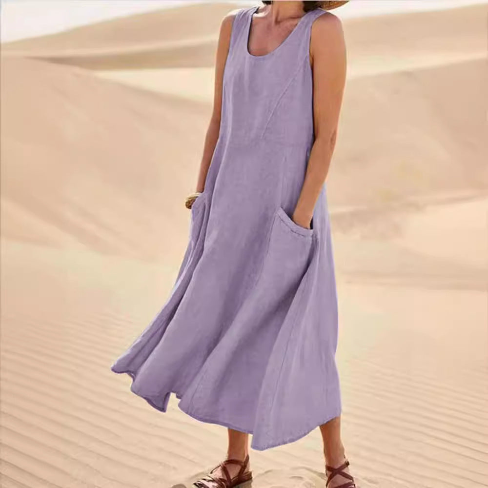 Sleeveless Cotton Linen Pocket Dress