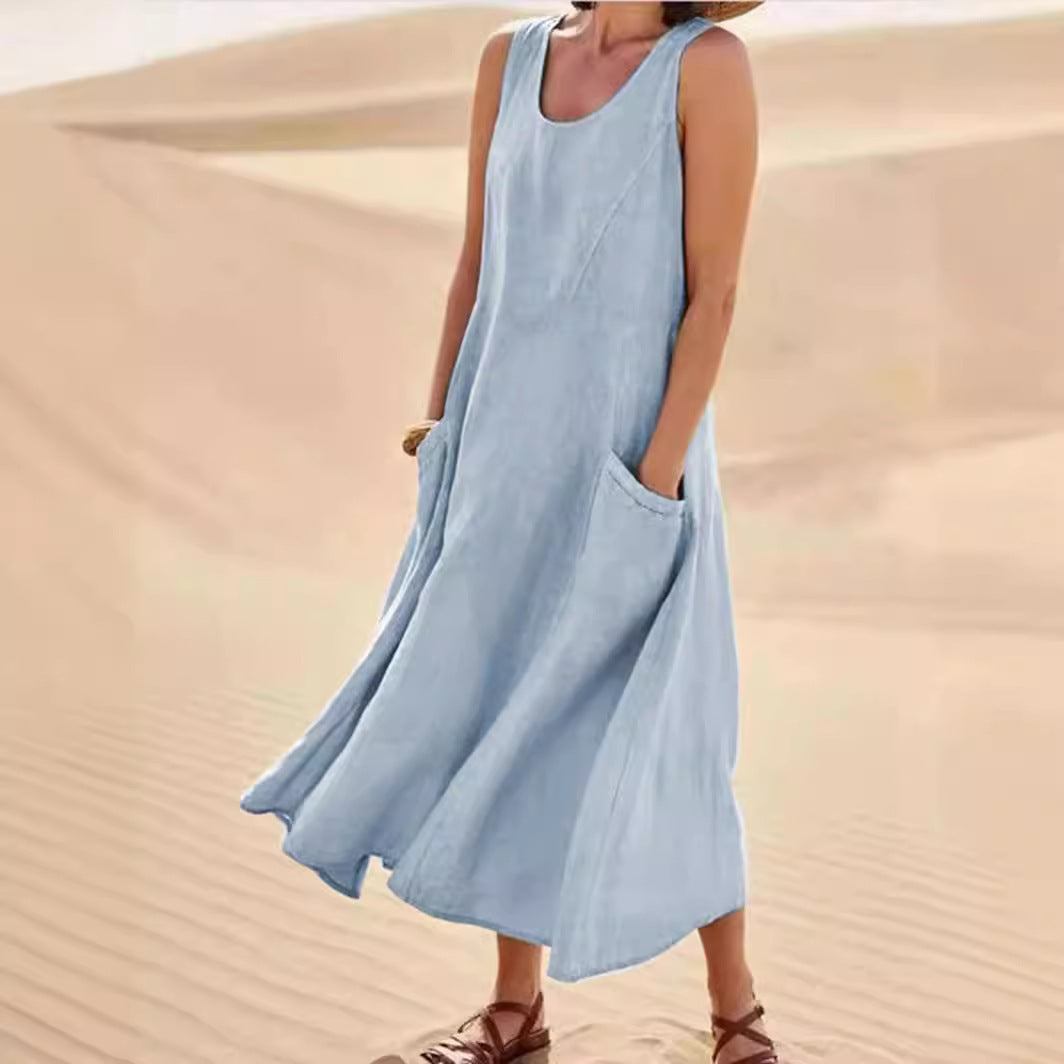 Sleeveless Cotton Linen Pocket Dress