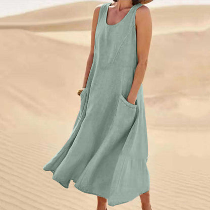 Sleeveless Cotton Linen Pocket Dress