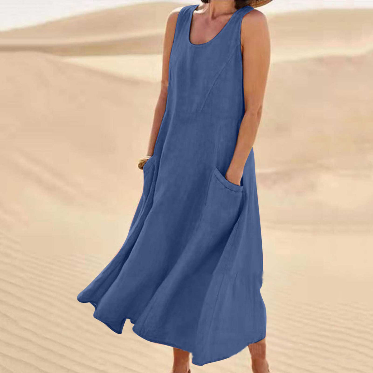 Sleeveless Cotton Linen Pocket Dress
