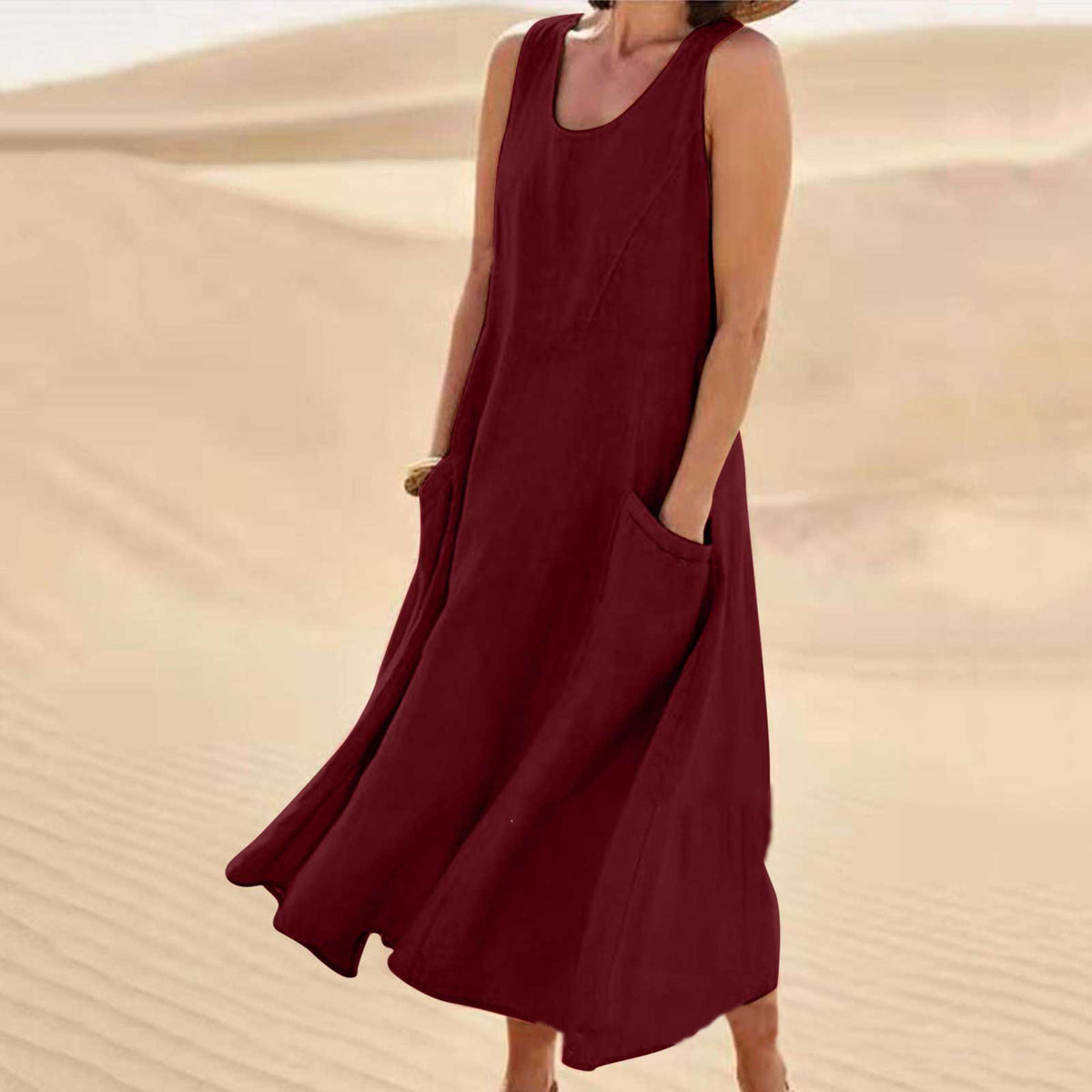 Sleeveless Cotton Linen Pocket Dress