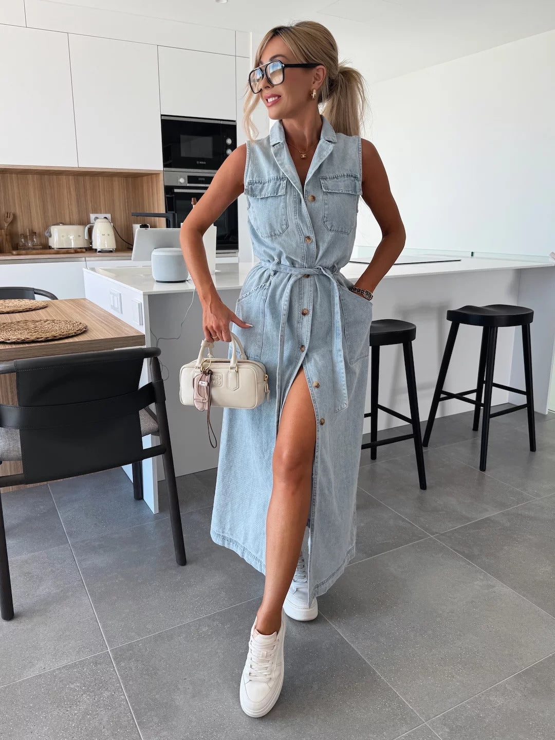 Sleeveless Denim Dress with Lace-Up Waist